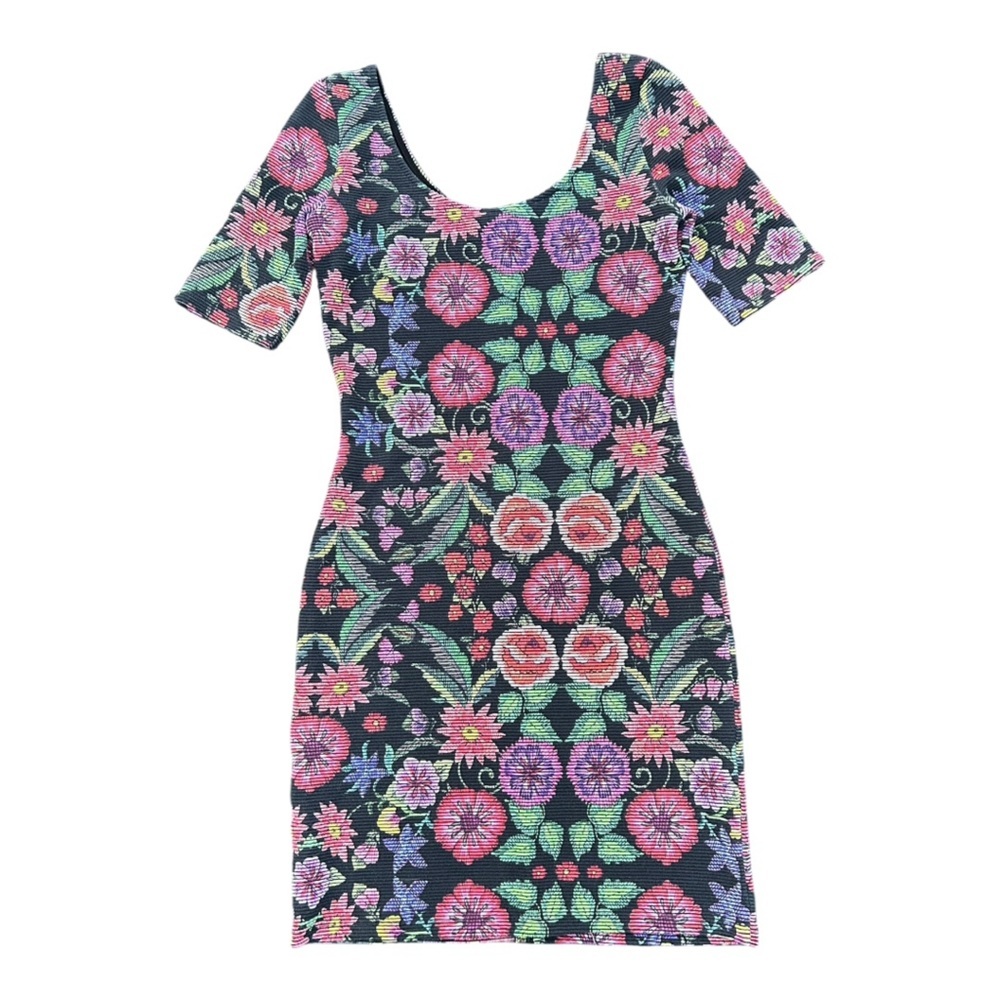 Desigual Black Floral Mini Dress with Pink, Purple and Green Accents